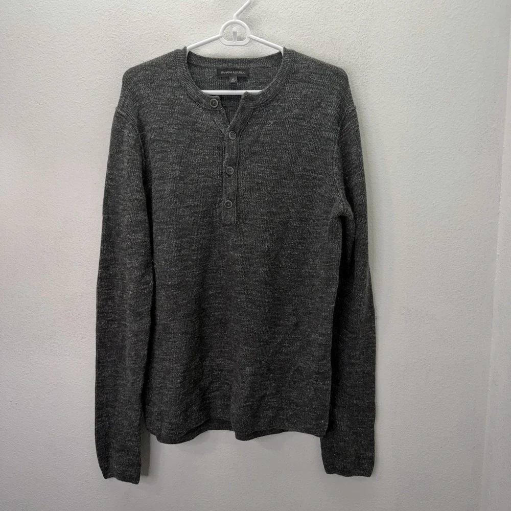 Banana Republic Long Sleeve Henley Wool Linen Blend Shirt Dark Gray Base Layer